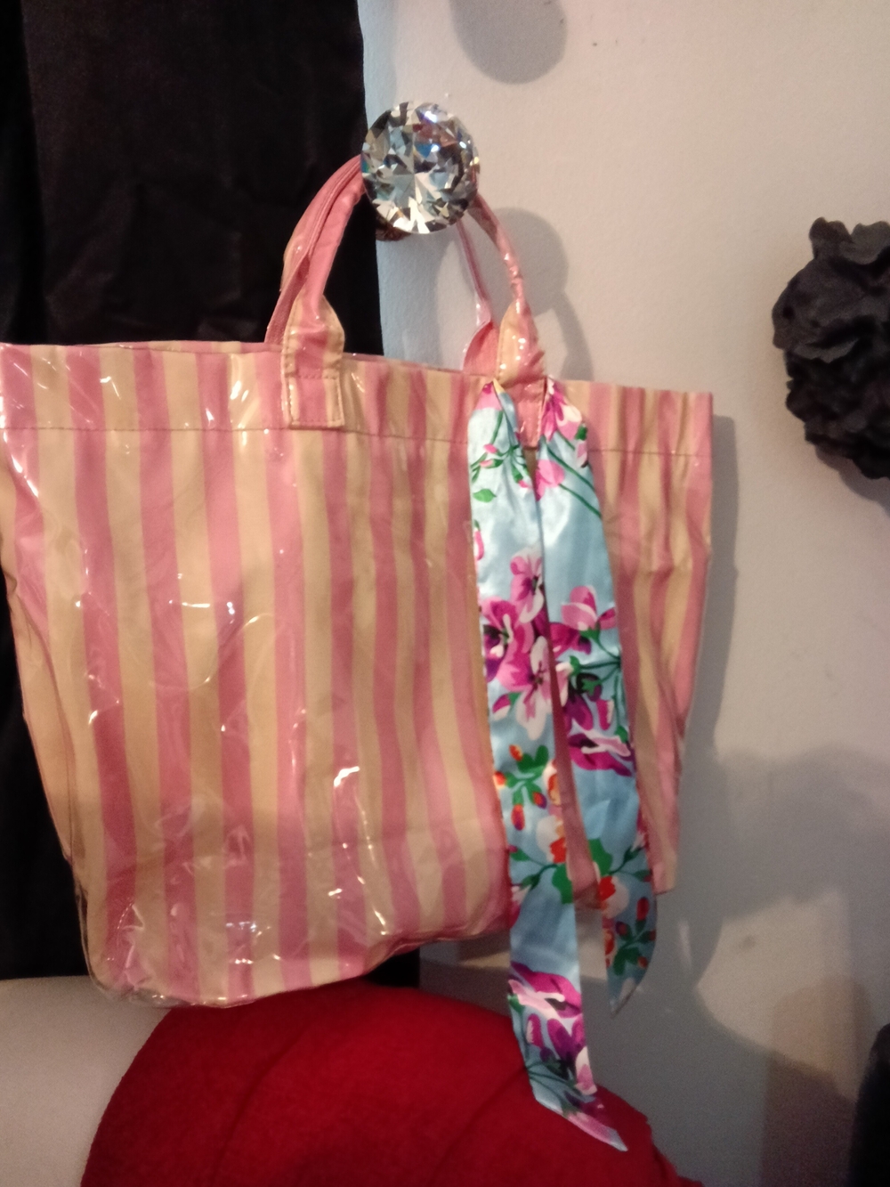 Victoria Secret Pink & Cream Striped Clear Overlay Tote Bag with Floral Scarf